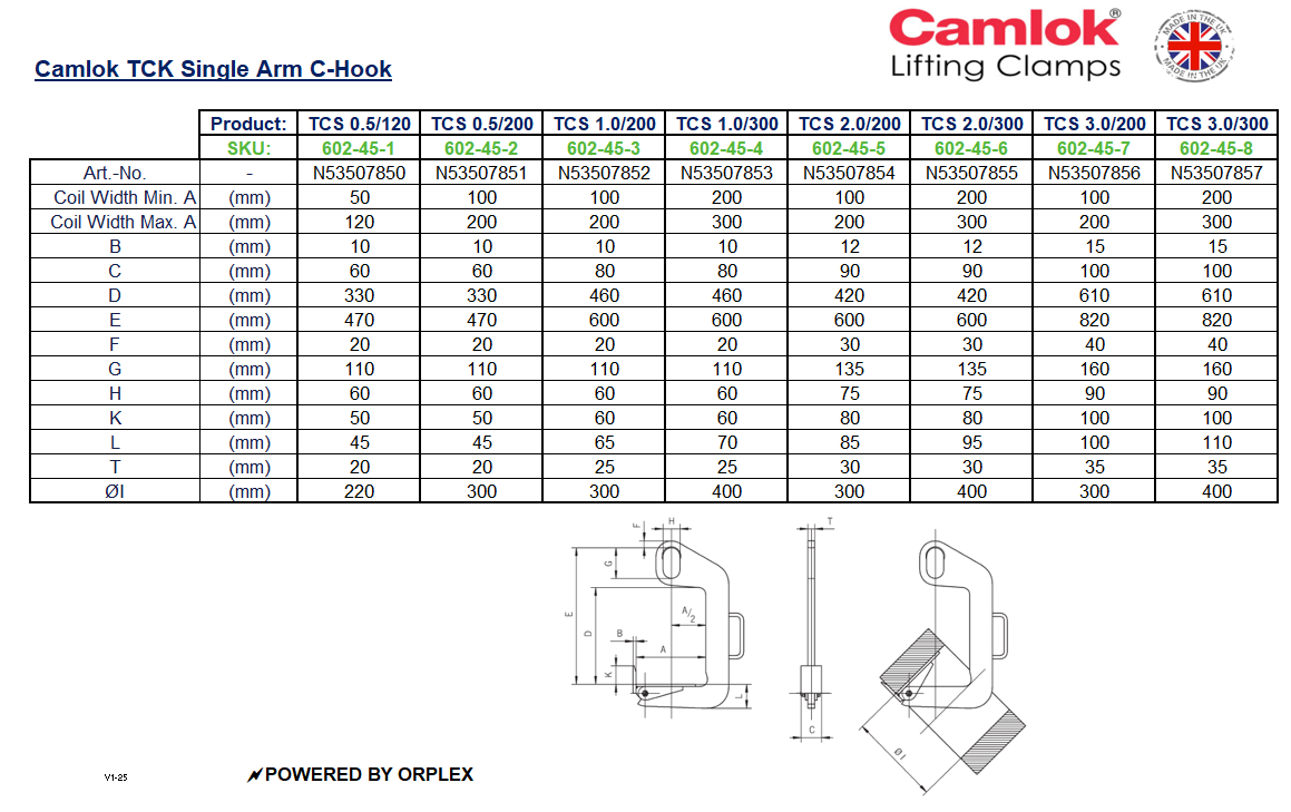 Camlok TCS Universal Turning Hook Dimensions Table with Diagram