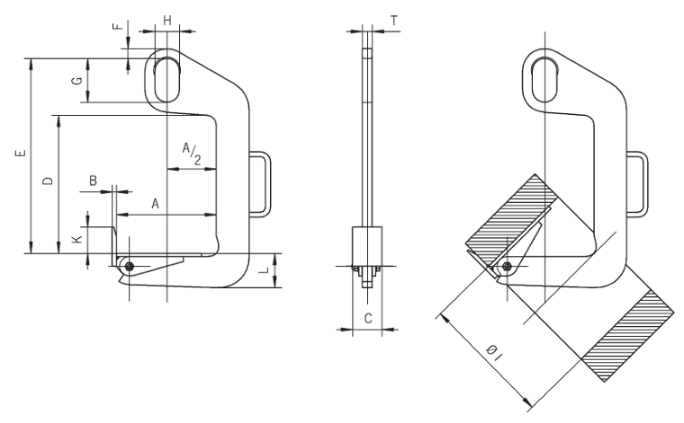 Technical drawing of Camlok TCS Turning Hook with dimensions labelled