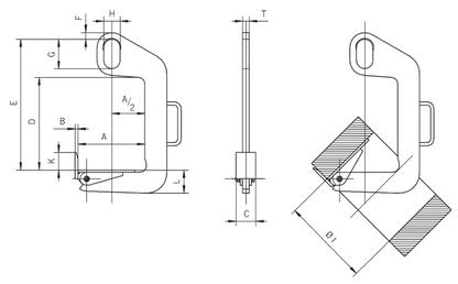 Technical drawing of Camlok TCS Turning Hook with dimensions labelled