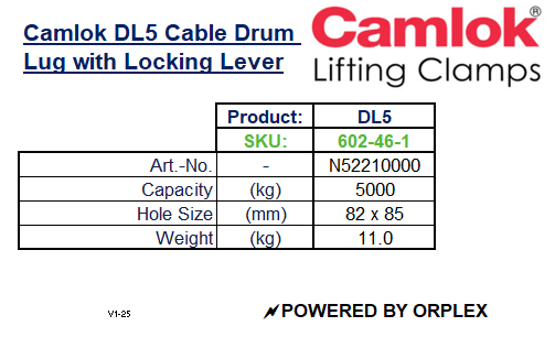 Camlok DL5 Cable Drum Lug with Locking Lever Specification Table