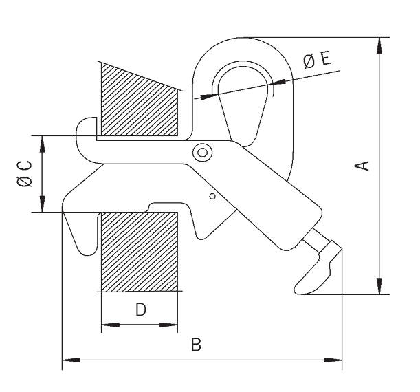 Technical drawing of Camlok DL5 Cable Drum Lug with Locking Lever