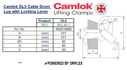Table of Dimensions with Technical Drawing for Yellow and Black Camlok DL5 Cable Drum Lug with Locking Lever