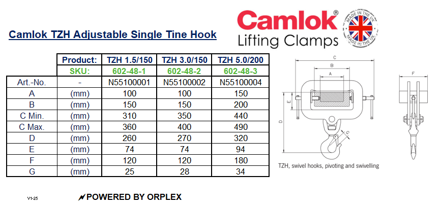 Camlok TZH Adjustable Single Tine Hook Dimensions Table with Diagram