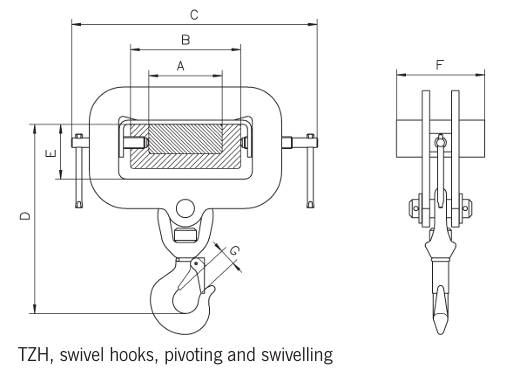 Technical drawing of Camlok TZH adjustable single tine hooks with dimensions labelled