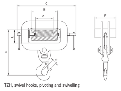 Technical drawing of Camlok TZH adjustable single tine hooks with dimensions labelled