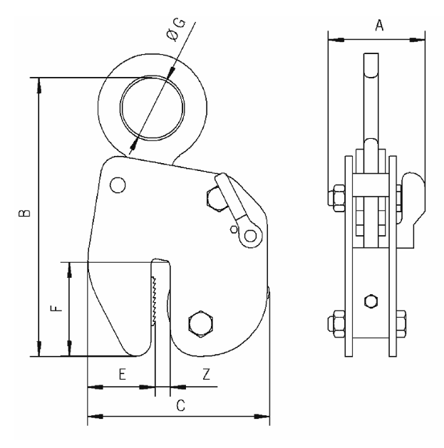 Technical drawing of Camlok HG 500kg High Grip Vertical Plate Clamp
