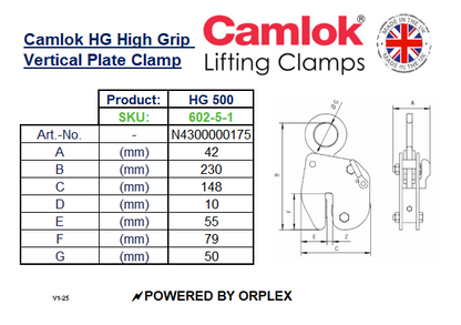 Table of Dimensions and Technical Drawing for Yellow and Black Camlok HG High Grip Vertical Plate Clamp