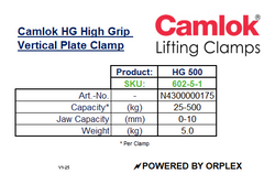 Camlok HG 500kg High Grip Vertical Plate Clamp