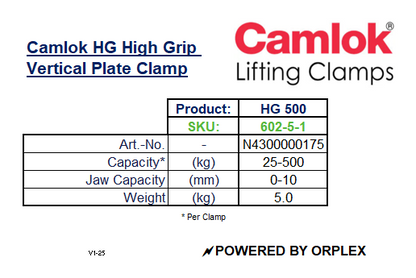 Product Specifications Table for Yellow and Black Camlok HG High Grip Vertical Plate Clamp