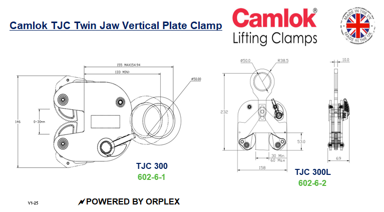 Technical Drawings with Dimensions of Yellow Camlok TJC Wide Twin Jaw Vertical Plate Clamp