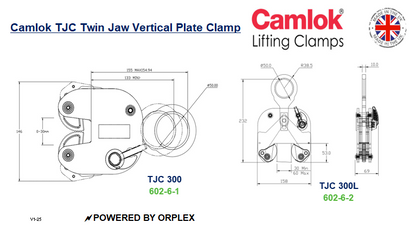 Technical Drawings with Dimensions of Yellow Camlok TJC Wide Twin Jaw Vertical Plate Clamp