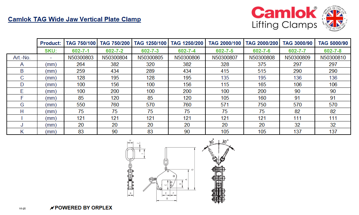 Camlok TAG wide jaw vertical plate clamp table of dimensions with technical drawing