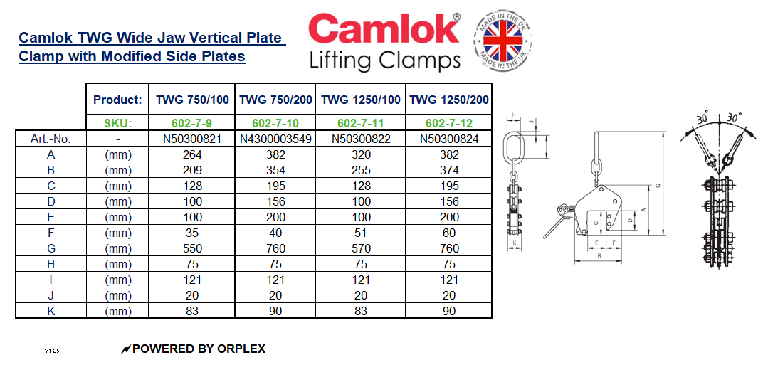 Camlok TWG Wide Jaw Vertical Plate Clamp with Modified Side Plates DImensions Table with Diagram