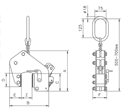 Technical drawing of Camlok TSB Friction plate clamp with dimensions