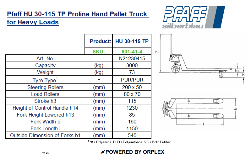 Technical Specifications for Pfaff HU 30-115 TP Proline Hand Pallet Truck