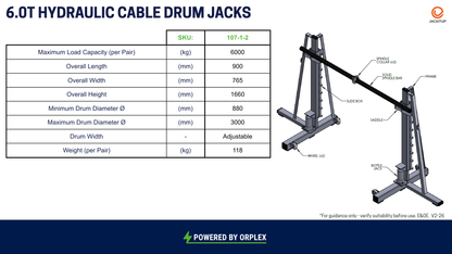 Technical specification sheet for 6.0T Hydraulic Cable Drum Jacks, featuring a table of dimensions and weight on the left and a labeled 3D rendering of the jack assembly on the right