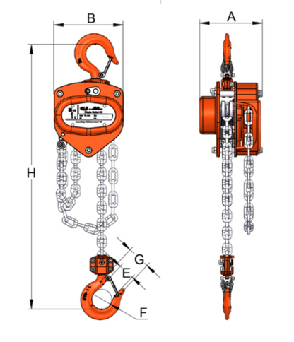 Technical dimension diagram of an orange ACH6 manual chain hoist, showing front and side views with labelled dimensions A, B, E, F, G, and H on a white background.