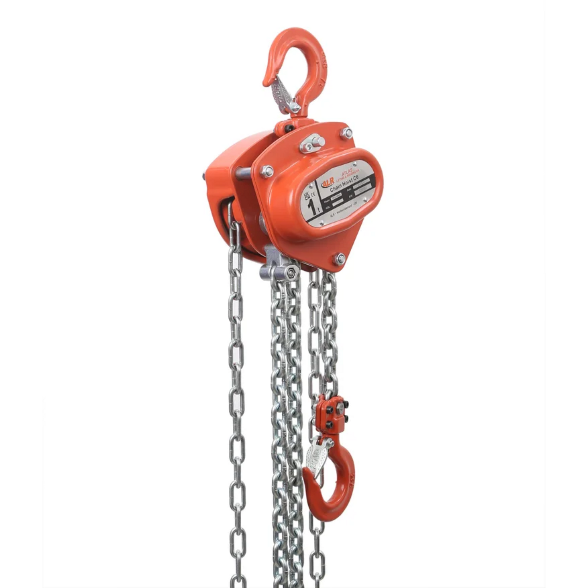 An orange ACH6 manual chain hoist with a hook at the top and a hanging hook with chain at the bottom.