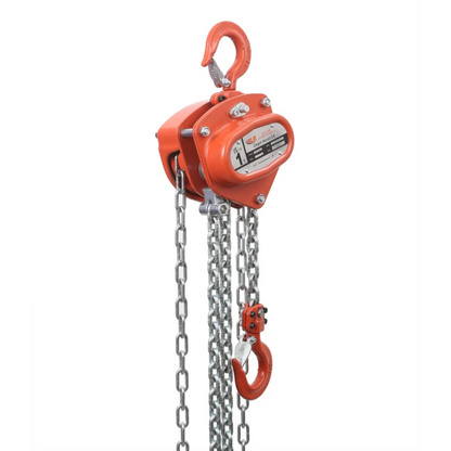 An orange ACH6 manual chain hoist with a hook at the top and a hanging hook with chain at the bottom.