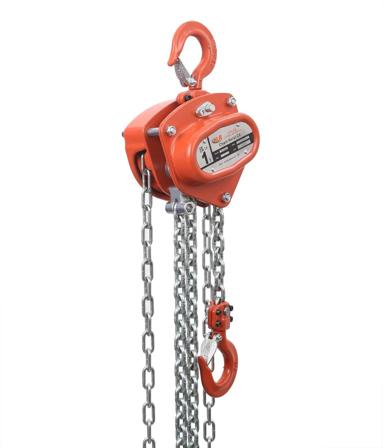 An orange ACH6 manual chain hoist with a hook at the top and a hanging hook with chain at the bottom.