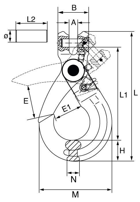 Grade 8 Clevis Self Locking Hook Technical Drawing