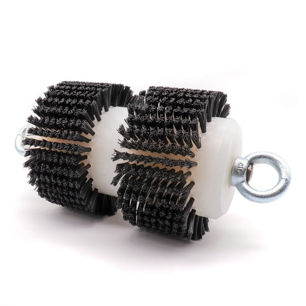 Two black nylon brush rolls with white plastic cores and silver metal hanging loops, shown on a white background.