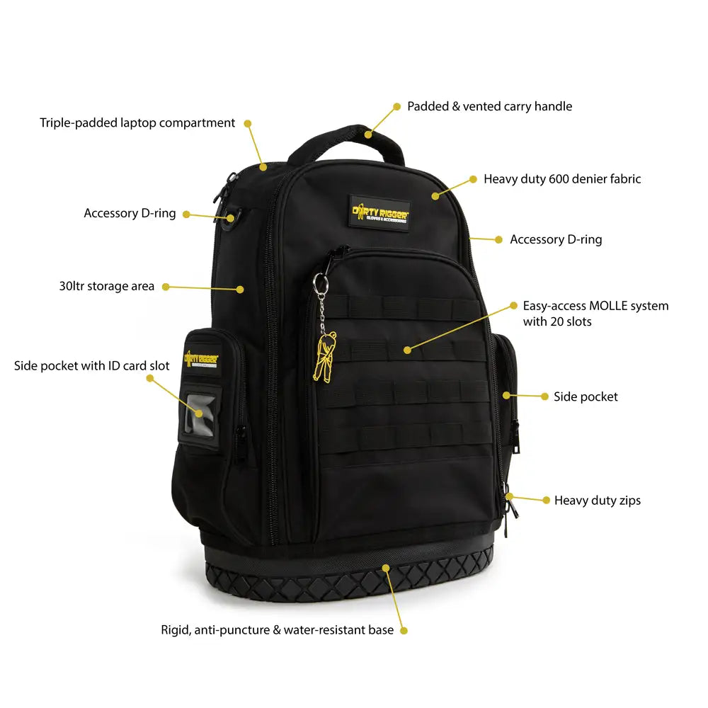Dirty Rigger Technician's Backpack V1.0 from RiggingUK, showing the USP's of the front of the bag