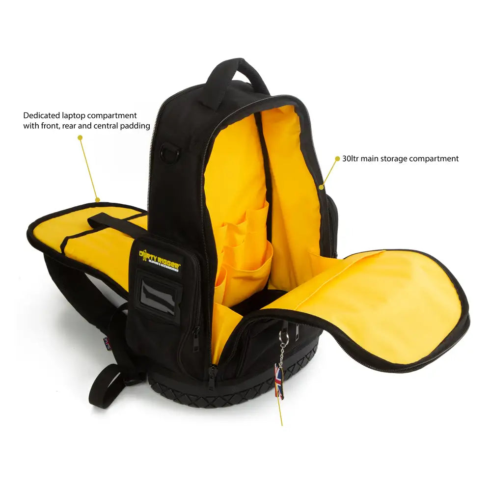 Dirty Rigger Technician's Backpack V1.0, from RiggingUK, showing the bag open so you can see the pockets