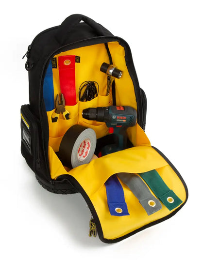 Dirty Rigger Technician's Backpack V1.0, from RiggingUK, with the bag open showing some generic tools inside