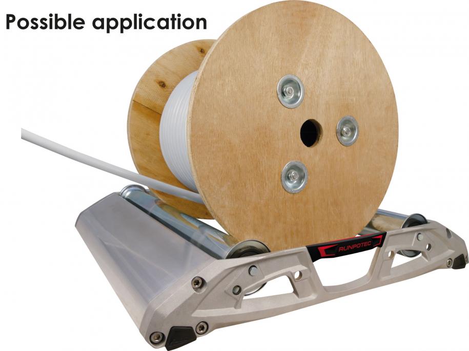 RUNPOTEC Pro 530 Cable Roller with drum (not supplied) made of light and solid die-cast and continuous cast aluminium with robust, adjustable support rollers.