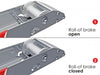 RUNPOTEC AS900 Roll-off Rails (pair) designed for safe unwinding of heavy cable material and cable drums from 450 mm to 2000 mm diameter. Example photo showing Roll of break open and closed.