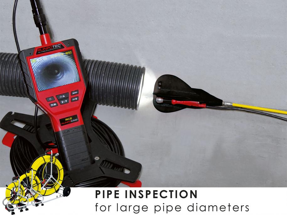 Red and Black RUNPOTEC - RUNPOCAM RC 2 Multi-function camera in use for pipe inspection