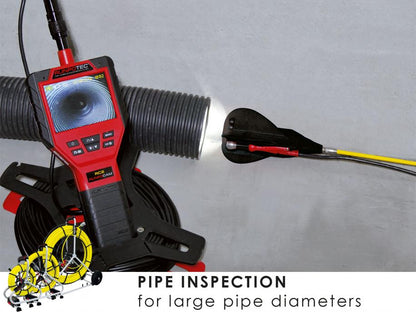 Red and Black RUNPOTEC - RUNPOCAM RC 2 Multi-function camera in use for pipe inspection