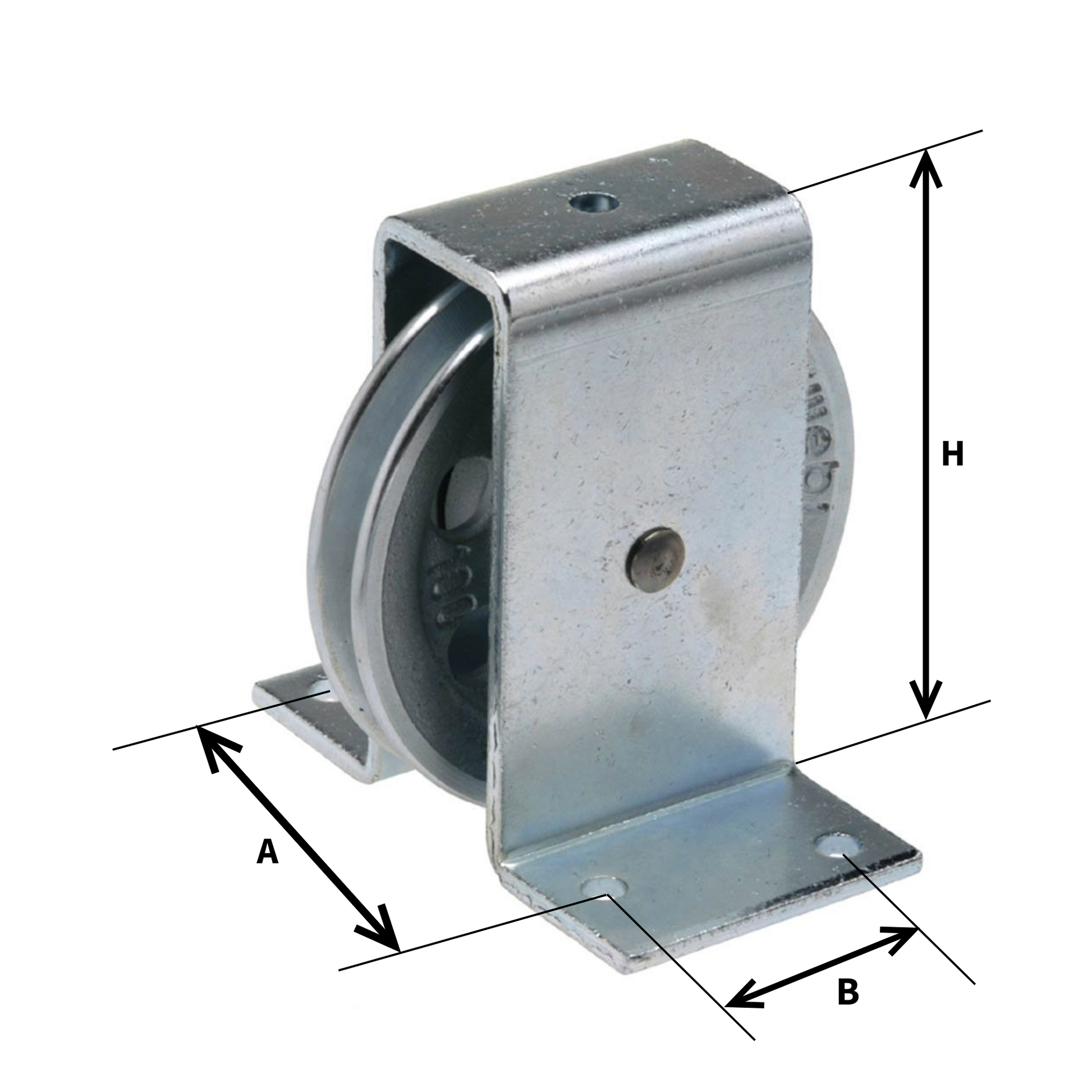 WEBI Galvanised cast iron pulley with pressed steel bracket, Type ETT-160 with dimensions labelled
