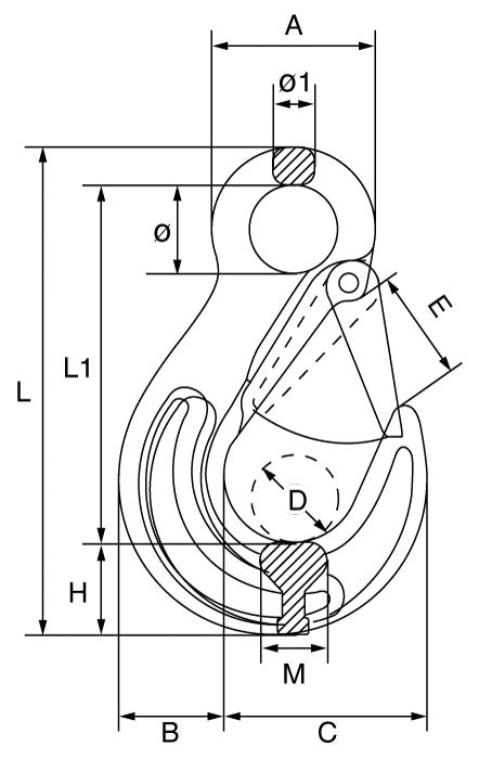 GT Cobra Grade 80 Eye Sling Hook with Safety Catch main dimensions