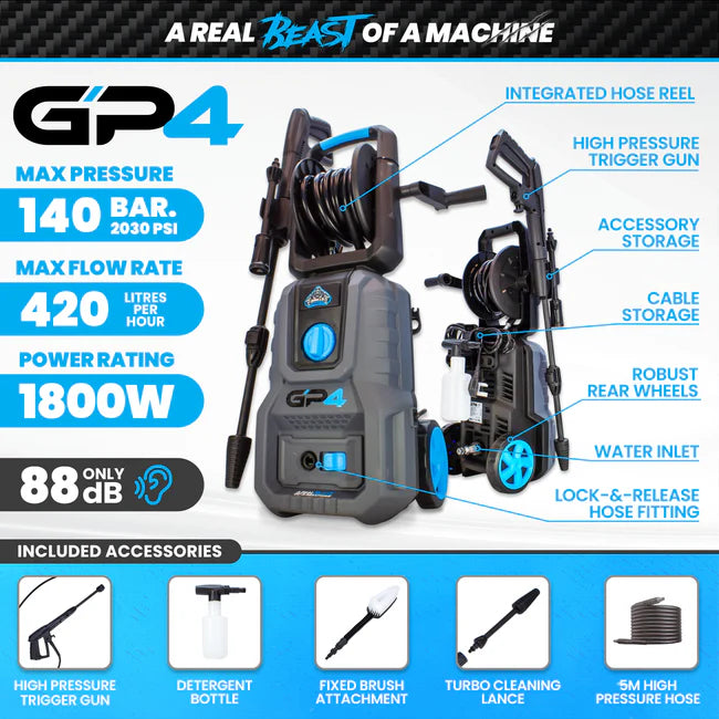 Gorilla Power GP4 - Domestic Pressure Washer - 140 Bar Max Pressure - Benefits and Features