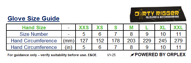 Dirty Rigger Glove Size Guide Table