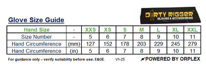 Dirty Rigger Glove Size Guide Table