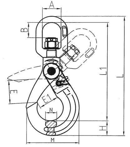 Grade 80 Swivel Auto Lock Hook - Yellow Finish Main Dimensions from RiggingUK