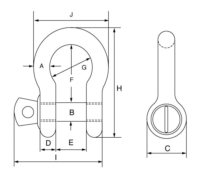 Green Pin Grade 6 Standard Bow Shackles with Screw Collar Pin Main Dimensions GPSCB