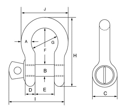 Green Pin Grade 6 Standard Bow Shackles with Screw Collar Pin Main Dimensions GPSCB