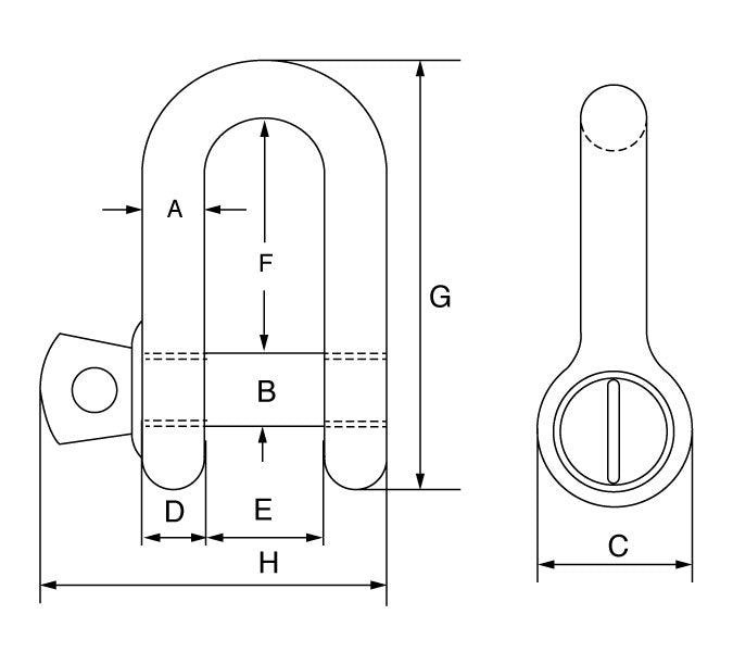 Green Pin Grade 6 Standard DEE Shackles with Screw Collar Pin GPSCD Main Dimensions from RiggingUK