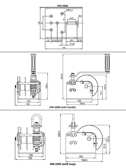 Technical drawings of tiger HW-2000 hand winch with handle and tiger HW-2000 hand winch with loop drive(single and twin drum)