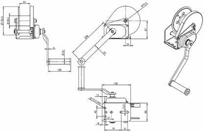 Technical Drawing with labelled dimensions of the Gebuwin HW200 spur gear winch