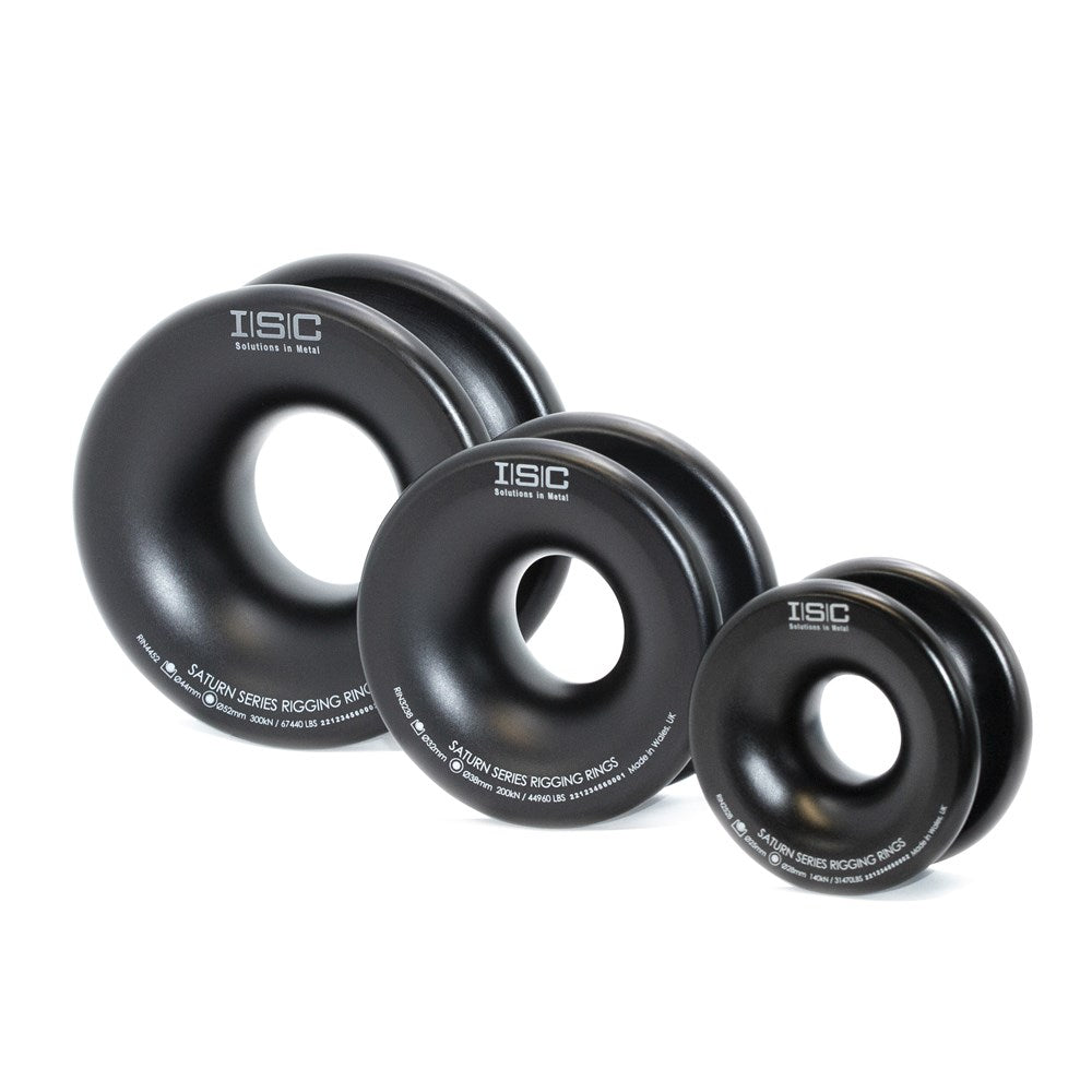 Black ISC Saturn Series Rigging Rings used to create single/multiple redirects, to tailor the friction in a rigging system