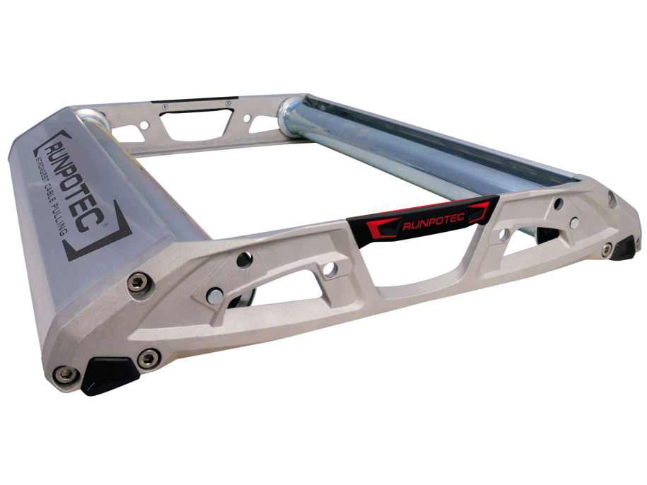 RUNPOTEC Pro 530 Cable Roller  made of light and solid die-cast and continuous cast aluminium with robust, adjustable support rollers.