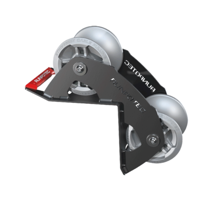 A 90 degree cable guide roller with a robust metal frame and heavy-duty aluminium rollers designed to pull cables gently around corners.