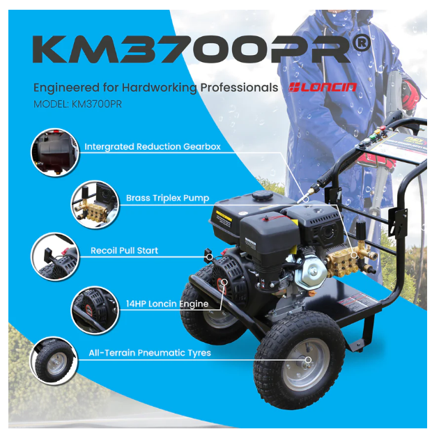 Kiam KM3700PR Petrol High Pressure Washer Jet Cleaner - Gearbox Version (14HP) Main Features - from RiggingUK