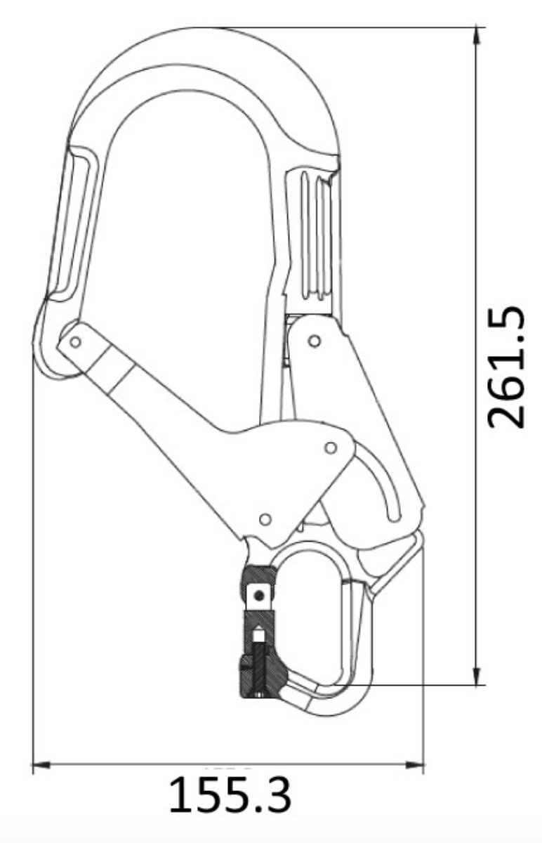 Kratos - Aluminium Double Action Pin Opening Eye Scaffold Hook Locking Main Dimensions from RiggingUK