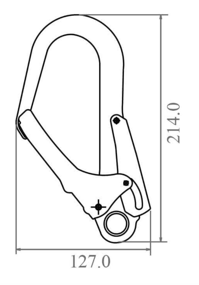 Kratos - Steel Double Action Locking Scaffold Hook - 50.8mm Gate Opening - 23kN - Main Dimensions - from RiggingUK
